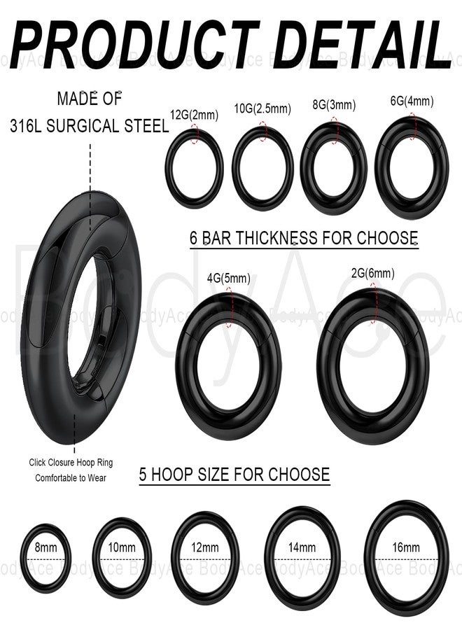 BodyAce Black Hinged Segment Clicker PA Rings, 2G 4G 6G 8G 10G 12G Large Spring Action BCR Rings, Surgical Steel Septum Nose Rings Ear Gauges Earrings Hoops [6G(4mm),Hoops:8mm] - Image 2